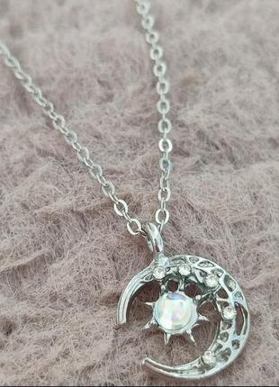 Подвеска с луной, подвеска с камушками, колье с луной, ожерелье, серебро, украшение,...