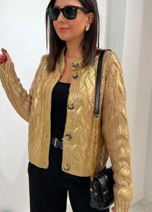 Zara кардиган крупной вязки на пуговицах золотого бежевого цвета средней длины новый с бирками