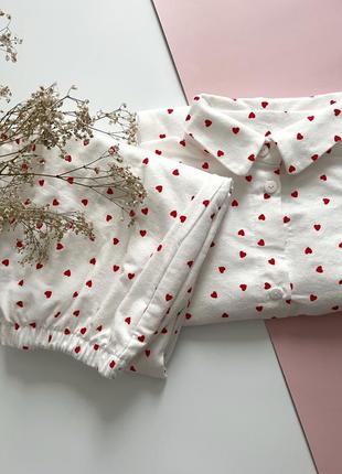 Фланелева тепла піжама в сердечка сорочка оверсайз + штани oversize фланель