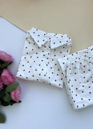 Фланелевая теплая пижама oversize крой рубашка + брюки коричневые сердечки фланель оверсайз