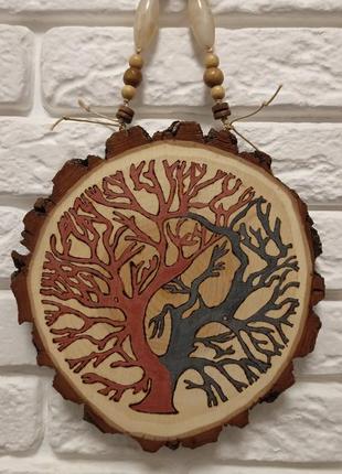 Деревянная картина на срезе дерева.