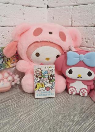 Набор my melody: мягкая игрушка 22см, таба лапка 7см, сумочка, карточки sanrino 30 шт.