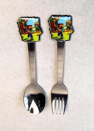 Детские приборы майнкрафт( ложка+ вилка) набор приборов minecraft