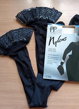 Розкішні чорні панчохи р. м/l 10 den pretty polly з мереживом на силіконі