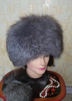 100% мех чернобурки шапка + кусок меха/шапочка натуральный мех