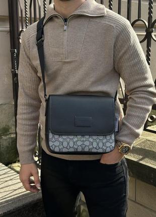 Брендова чоловіча шкіряна сумка coach sprint map 25 black leather/grey canvas