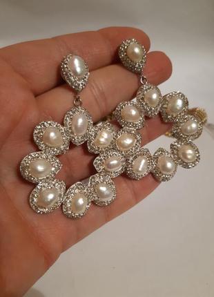 Серьги крупные кристаллы, жемчужины натуральные,