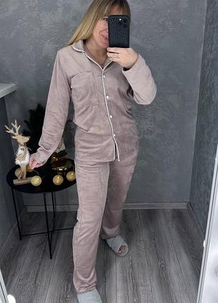 Пижама женская с брюками теплая велюровая брюки рубашка зимняя на зимний домашний костюм черная бежевая красная розовая батал