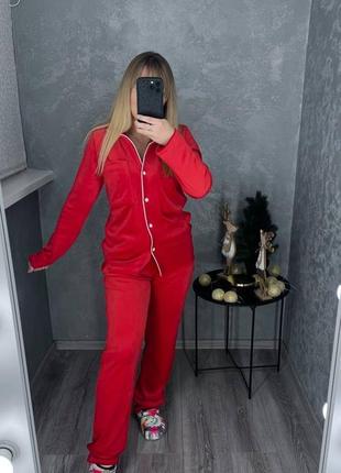 Пижама женская с брюками теплая велюровая брюки рубашка зимняя на зимний домашний костюм черная бежевая красная розовая батал