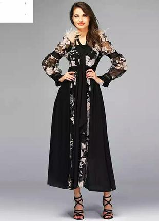 Шикарне вечірнє плаття, в квітах та з пір'ям. вечірнє плаття, квіти, пір'я