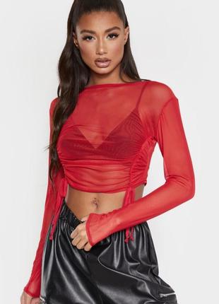 Коралловый прозрачный укороченный топ ✨ prettylittlething ✨ лонг лонгслив сетка сеточка с драпировкой3 фото