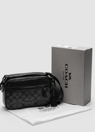 Брендовая мужская кожаная сумка кросс-боди coach academy crossbody signature canvas blue