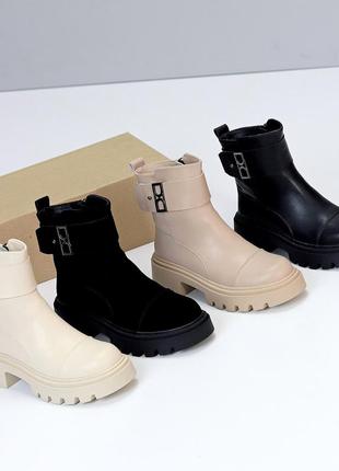 Зимние молочные/беж натуральные кожаные женские ботинки/полусапоги