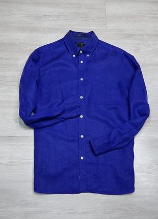 Luxury blue harbour marks & spencer брендовая синяя мужская рубашка кэжуал оригинал лен и шелк