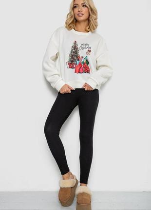 Батник женский на флисе с новогодним принтом, цвет молочный,