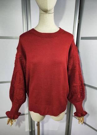 Shein curve роскошный вишневый свитер с ажурным рукавом