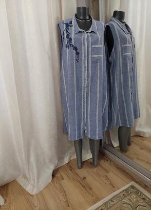 Вискозно-льняная с вышивкой и разрезами по бокам рубашка 👕, туника большого размера