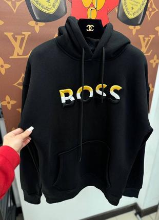 Мужское теплое худи hugo boss на флисе, вышитый лого