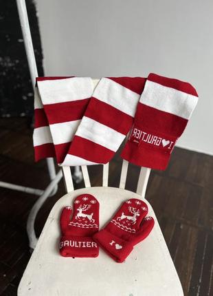 Jean paul gaultier womens rare y2k scarf and mitten winter red/white женские, оригинальные варежки с шарфом