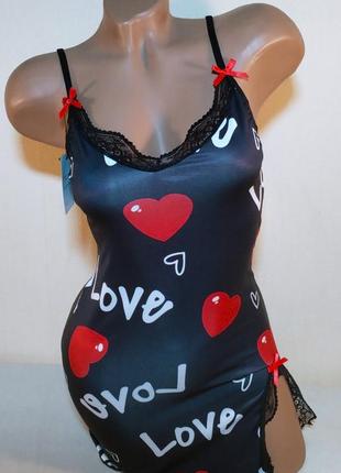 Ночнушка, пеньюар черный сердечки leiccina