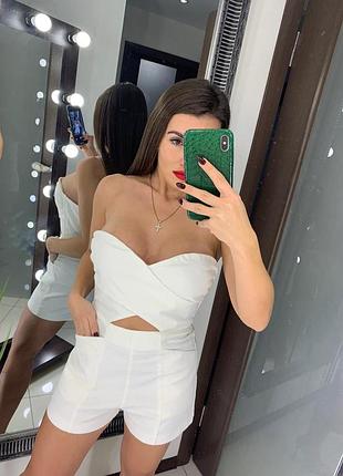👗роскошный белый комбинезон бюстье/комбез корсет открытые плечи/комбез бандо с шортами👗