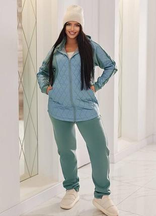 Костюм базовый женский куртка стеганая плащевка брюки на флисе комплект черный серый синий зеленый мятный розовый бордовый бежевый