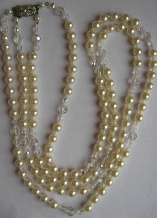 Бусы колье белые бусины жемчужного цвета, хрусталь, 2 ряда. торг