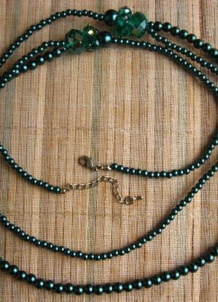 Зеленое ожерелье бусы двойные, бусины бирюзовые темные шары и рондели. торг