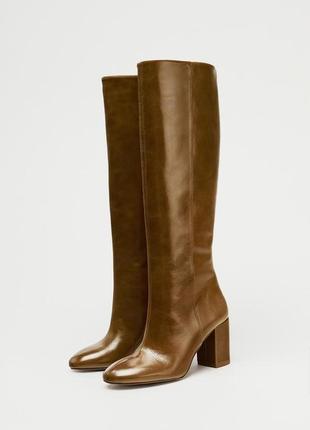 Кожаные сапоги коричневые zara new
