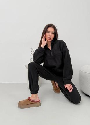 Костюм спортивний жіночий флісовий оверсайз світшот на блискавці штани джогери на високій посадці якісний чорний3 фото