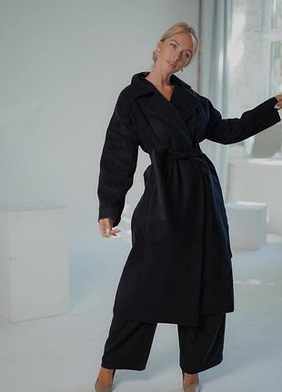 Пальто женское кашемировое на подкладке однотонное с поясом с карманами качественное стильное базовое черное серое