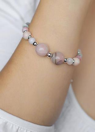 Браслет агат ботсвана + селенит + родонит + горный хрусталь