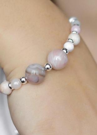 Браслет агат ботсвана + селенит + родонит + горный хрусталь