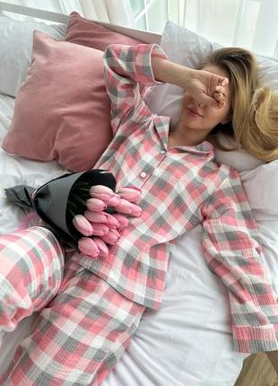 Женская пижама из муслина cosy розово-серая клетка (рубашка + штаны).