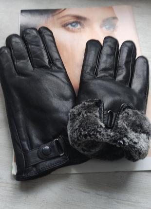 Чоловічі шкіряні теплі перчатки рукавички з хутром black 49626