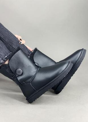 Женские чёрные угги ugg bailey button balck leather1 фото