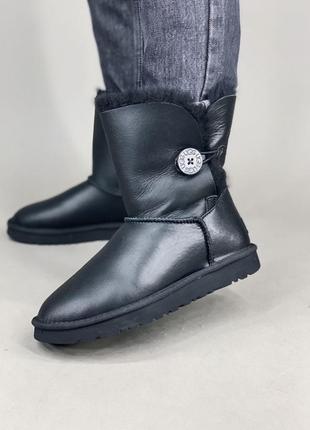 Женские чёрные угги ugg bailey button balck leather2 фото