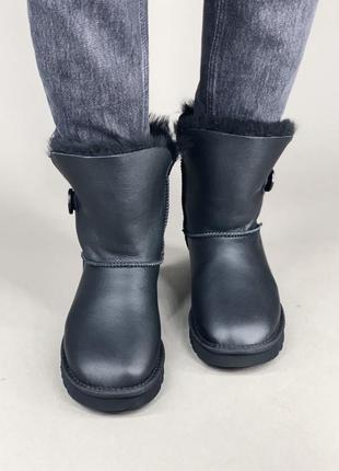 Женские чёрные угги ugg bailey button balck leather8 фото