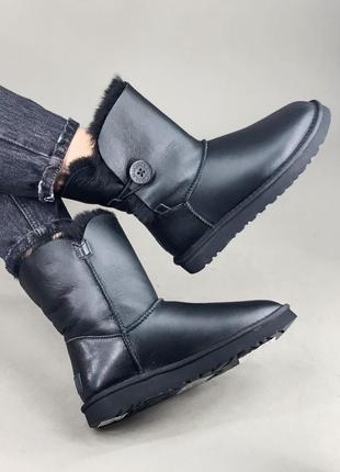 Женские чёрные угги ugg bailey button balck leather9 фото