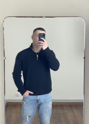 Черный базовый джемпер h&m с воротником на молнии, black knite sweater 1/3 zip, однотонный, свитер, кофта, вязаный