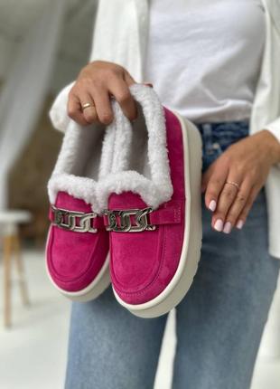 Утепленные лоферы с фурнитурой, малиновый, натуральная замша