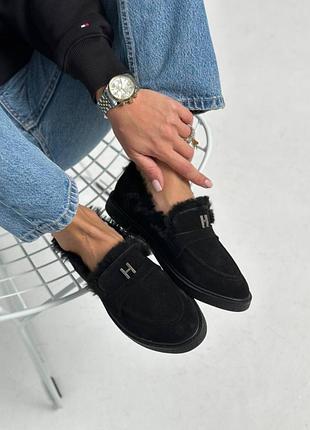 Лофери хутро жіночі замшеві чорного кольору зимові