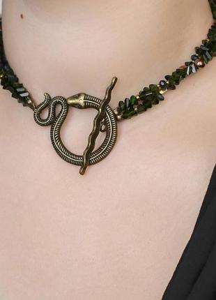 Чокер чеський кришталь смарагдовий на замку тогл змія, фур-ра нержавіюча сталь колір бронза d-9х6мм+- l-40см