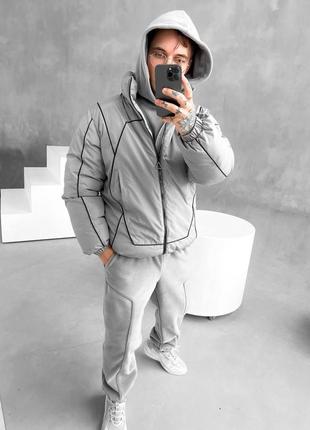 Мужской пуховик серый с отражающей лентой