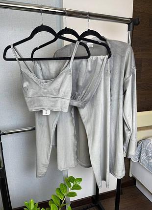 Сірий велюровий домашній костюм/піжама трійка топ,штани,халат l-2xl