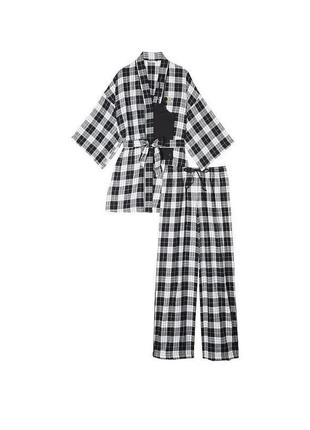 Victorias secret фланелевая пижама тройка штаны халат топ black white buffalo check