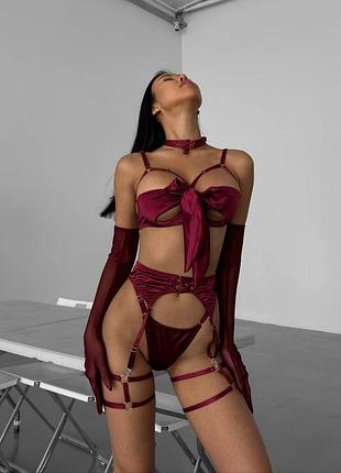 ⭐⭐⭐⭐⭐ эротический сексуальный комплект нижнего белья бант с поясом и гартерами на ноги