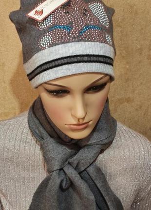 Шапка с шарфом,ангора,шерсть,женские,