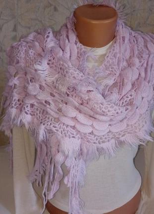 Светло-сиреневый женский ажурный вязаный новый шарф+подарок