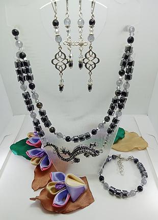 Комплект авторских украшений с агатом. стальная саламандра